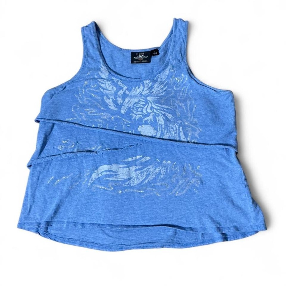 Harley Davidson Womens Blue Graphic Tiered Tank Top XL Eagle Metallic Distressed